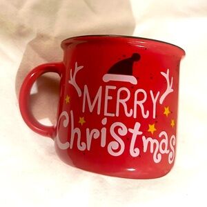 Merry Christmas Enamelware Mug Red White with Antlers and a Santa Hat cozy